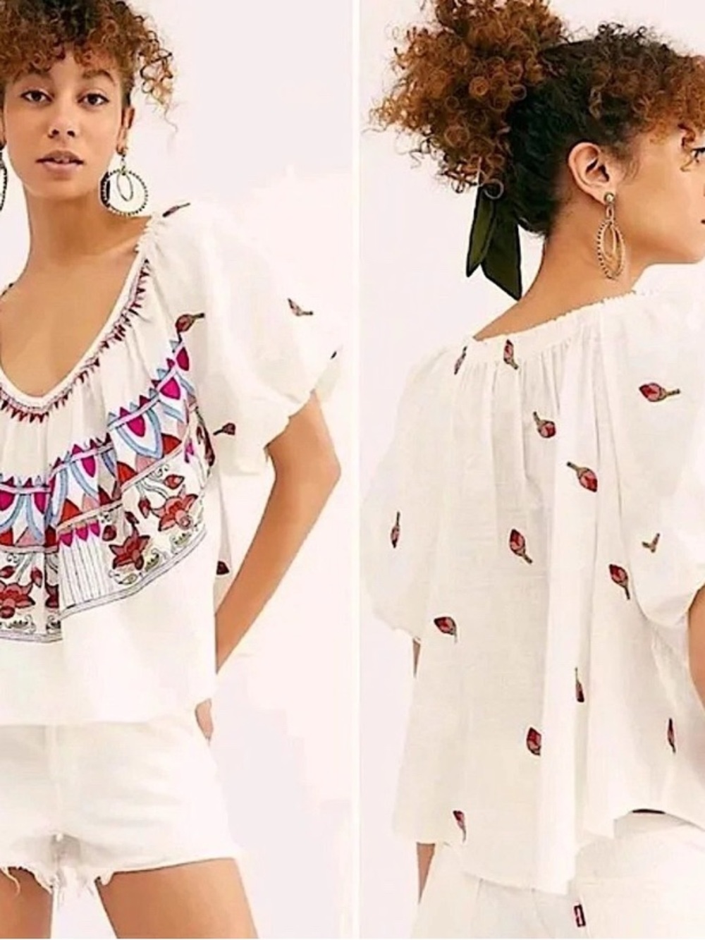 Free People Wind In Her Hair Boho Embroidered Cotton Beachy Peasant Top Size S